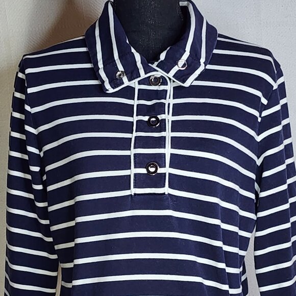 Karen Scott Sport Navy Stripe Cotton Span LS 1/4 Snap Up Stand Collar Top Sz M - Picture 5 of 16